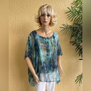Karen Lane designs multi color teals & blues sheer fabric top